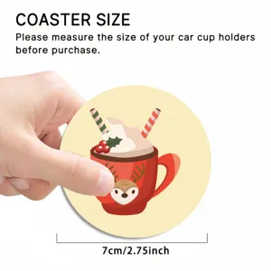 Christmas car coaster size detail showing 7cm diameter and festive reindeer mug design.