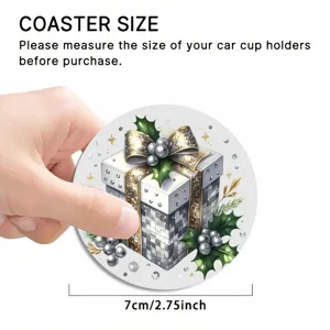 Detailed view of a festive Christmas gift box pattern car cup coaster, 7cm diameter size design.