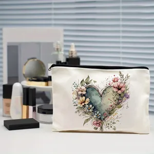 Canvas makeup bag with watercolor heart floral design, ideal cosmetic storage pouch for travel use.