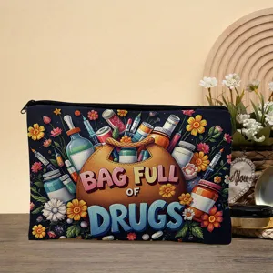 Stoffen cosmetisch tasje met schattige flessen print, draagbare opbergtas met rits detail.