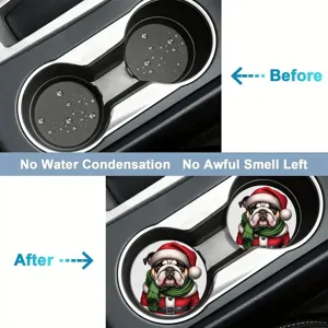 Christmas car cup holder coasters, anti-slip soft rubber mat with cute bulldog design.