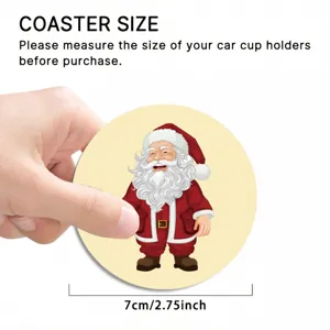 Cartoon printed car coaster detail view, showing 7cm size and Santa Claus pattern clearly.