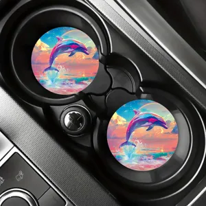 Vibrant colorful dolphin car cup coasters set, absorbent non-slip round auto coasters for drinks.