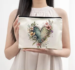 Watercolor floral heart print canvas cosmetic bag, stylish zipper makeup storage pouch.
