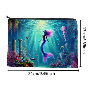 Canvas cosmetic bag with fantasy mermaid underwater print, durable zipper storage pouch.