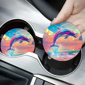 Colorful dolphin car cup coaster set, anti-slip round drink holder insert for auto interior.