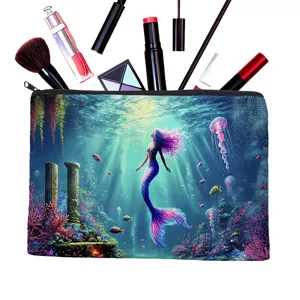 Canvas makeup pouch with fantasy mermaid design and cosmetic props for travel and storage.