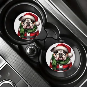 Detail view of Christmas bulldog car coasters placed inside vehicle cup holder slots.