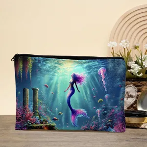 Canvas makeup bag creative mermaid print zipper pouch portable travel cosmetic storage organizer