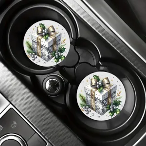 Christmas gift box car cup coasters, anti-slip silicone mats in car interior view.