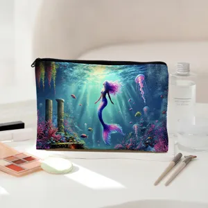 Creative canvas cosmetic bag featuring a stunning fantasy mermaid art print, secure zipper.