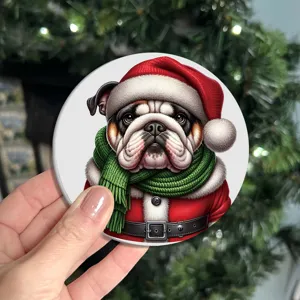 Close-up view of the cute Christmas bulldog pattern on the soft rubber cup coaster.
