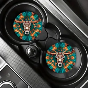 Auto Tassenhalter Untersetzer Set mit Boho Stierschädel Muster, saugfähige Getränkeuntersetzer.