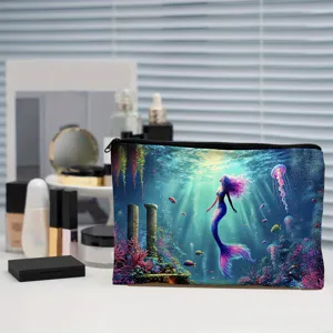 Creative canvas cosmetic bag with fantasy mermaid print, portable zipper pouch and storage bag.