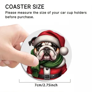 Christmas Bulldog Car Coaster Cute Santa Hat Soft Rubber Cup Holder Pad 7cm Diameter Drink Mat