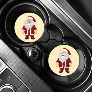 Car cup holder coaster featuring cute Santa Claus print, anti-slip car interior decor item.
