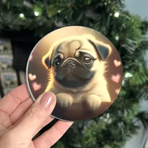 Close-up detail shot of a cute pug puppy round coaster showcasing adorable pet art design.