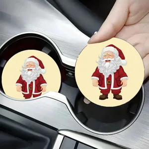 Detail shot of cute cartoon Santa Claus car coaster inside vehicle cup holder, non-slip.