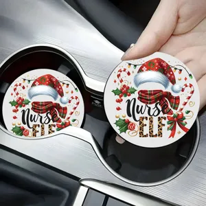 Christmas nurse elf car cup coaster, round non-slip vehicle drink holder pad detail view.