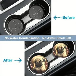 Car cup holder coasters with cute pug dog graphic, absorbent and anti-slip for auto interior.