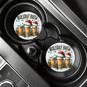 Christmas car coasters, crystal velvet round cup mats with holiday beer print for auto decor.