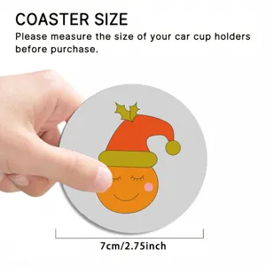 Close-up detail of a cute cartoon car cup coaster with a festive hat, diameter 7cm.