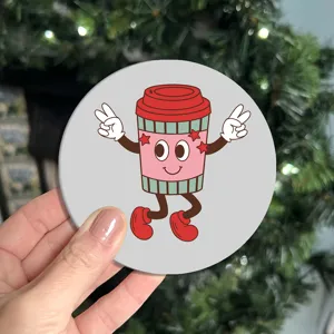 Cute retro cartoon coffee cup car coaster, anti-slip silicone mat for auto interior decor.