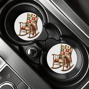 Round car coasters with vintage rocking chair holiday quilt print, absorbent non slip cup mats for auto.