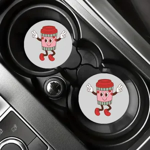 Detail view of cute cartoon coffee cup car cup coasters, non-slip interior storage mats.