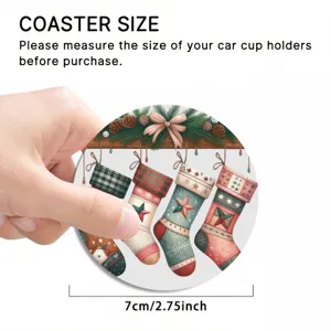 Round Christmas car coaster with festive stocking print, measuring 7cm/2.75 inches for cup holders.