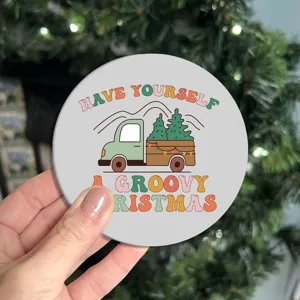 Cute Christmas car coaster with vintage truck design, non-slip auto cup holder mat.