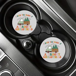 Car cup coaster non-slip pad set for auto interior decoration, cute retro Christmas truck design.