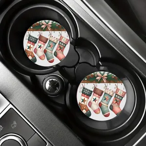Christmas car coasters set, absorbent ceramic cup holder inserts with vintage stocking print design.