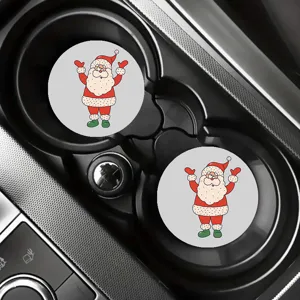 Car cup coasters detail view featuring cute cartoon Santa Claus design, non-slip interior pad.