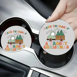 Detail shot of retro Christmas car cup coaster inside vehicle cup holder, anti-slip design.