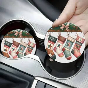 Round absorbent ceramic car cup coasters with cute Christmas stocking patterns for auto interior.