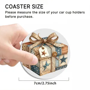 Round anti-slip car coaster with vintage patchwork gift box design for auto cup holders.