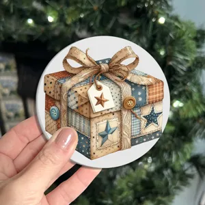 Round absorbent ceramic car coaster with vintage patchwork gift box print and star decor