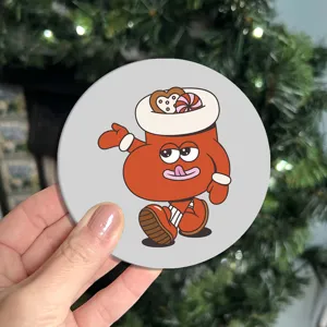 Detailed shot of cute cartoon car coaster showing funny character design and non-slip texture.