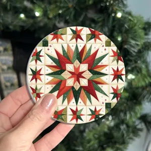 Round festive quilt star pattern printed anti-slip coaster for home table decoration.