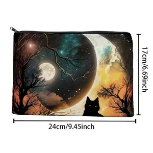 Borsa cosmetica gatto nero stile gotico luna, grande capacità pocuetta con cerniera tela.