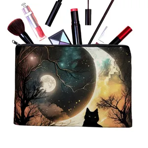 Borsa cosmetica in stile gotico scuro con design luna e gatto, grande borsa porta trucchi da viaggio.