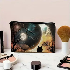 Borsa cosmetica in stile gotico scuro dettaglio con stampa di luna e gatto nero.