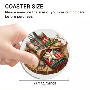 Round car cup coaster with vintage Christmas cutlery and star print, 7cm diameter size.