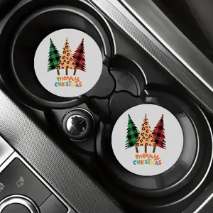 Cute Christmas tree car cup coasters, anti-slip rubber drink holder mats for vehicle interior.