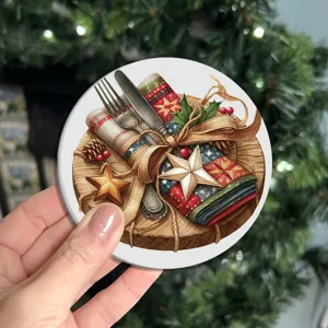 Round printed non-slip car coaster and festive holiday mat for home kitchen decor.
