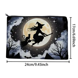 Borsa per trucco in stile gotico di Halloween con stampa di strega e gatto, pochette.