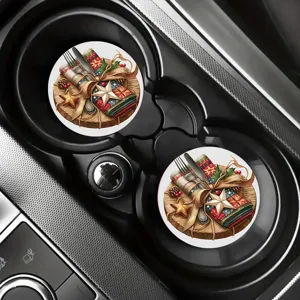 Round printed car cup coasters with holiday Christmas design, anti-slip auto interior accessory.