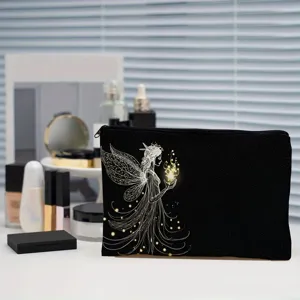 Zwarte cosmetische tas met elfenpatroon, handige draagbare make-up opbergtas voor dagelijks.