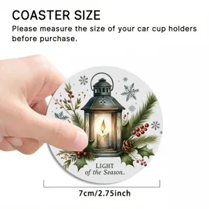 Christmas car coaster absorbent ceramic cup mat with winter lantern and pine branch design.